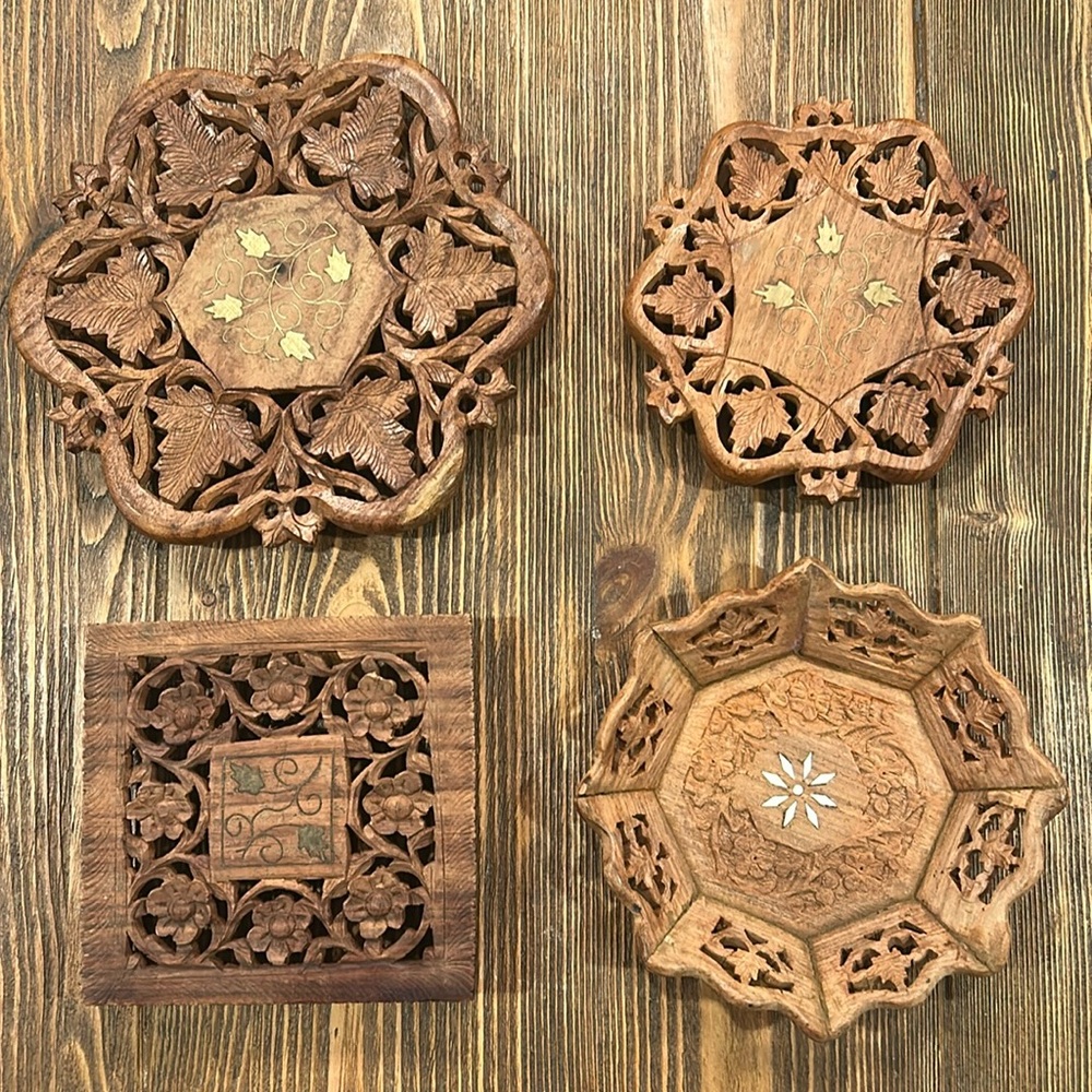 Lot of 4 carved wood trays from India